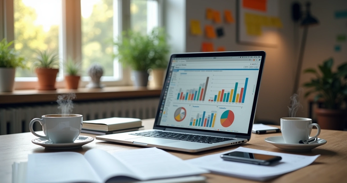 Mesa com notebook, anotações, xícara e gráficos de vendas digitais 