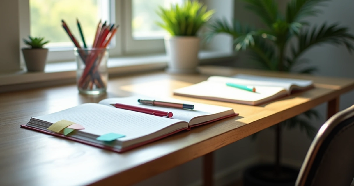 Mesa de estudo arrumada com materiais escolares e luz natural 