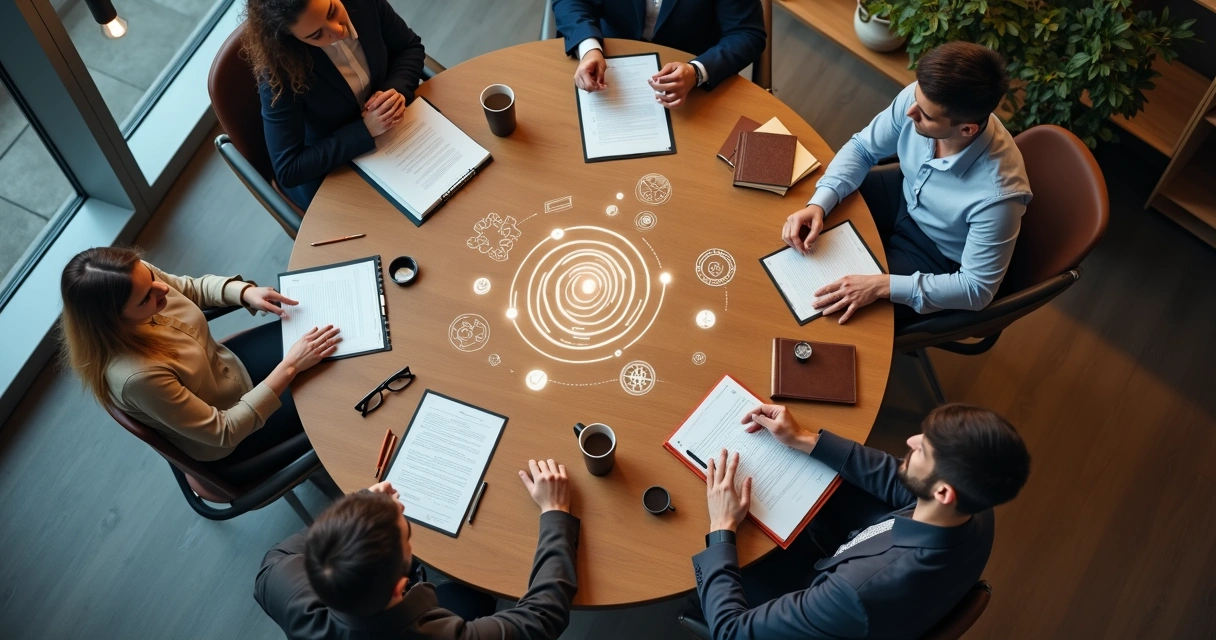 Mesa redonda com símbolos representando mentoria coaching e consultoria no centro 