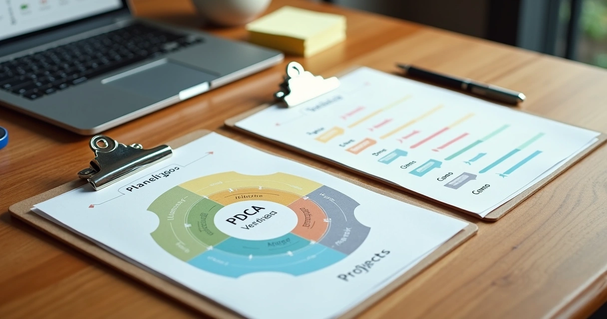 Mesa com pranchetas mostrando quadros de PDCA e 5W2H lado a lado 