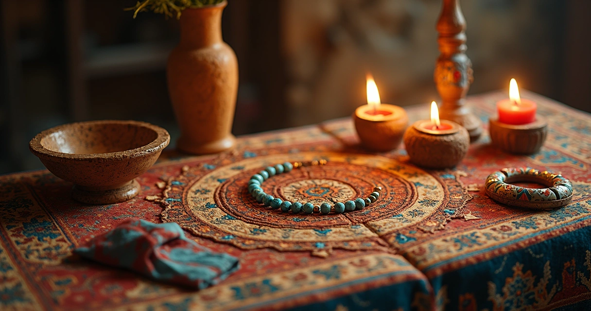 Mesa com cristais, amuletos e velas acesas 