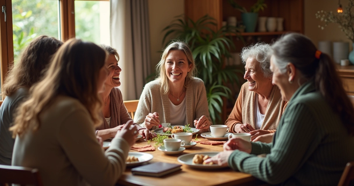 Mulheres sentadas ao redor de uma mesa, sorrindo, conversando e segurando xícaras de chá 