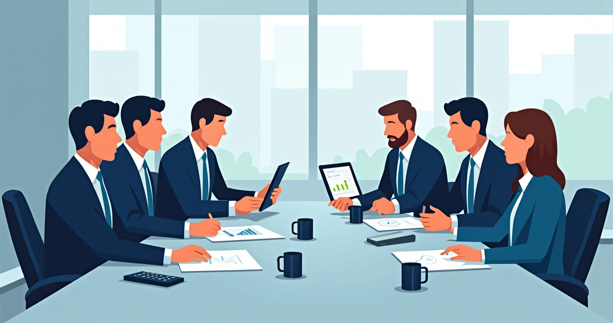 Grupo negociando condições com fornecedores, visualizando gráficos 