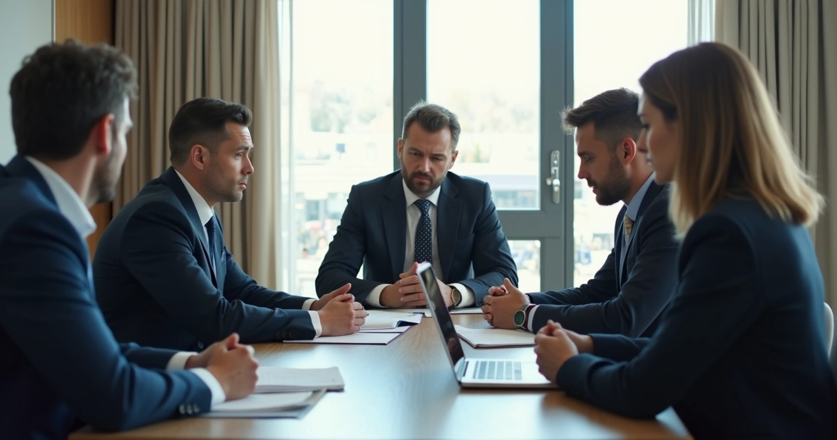 Quatro pessoas sentadas numa mesa de negociações, olhando umas para as outras, com expressões neutras enquanto sutilmente cruzam os braços ou desviam o olhar. 