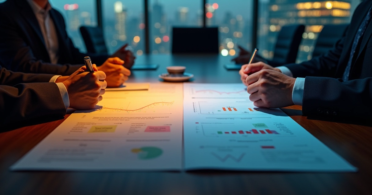 Mesa de negociação vista de cima com contraste de luz e sombra representando decisão emotiva 