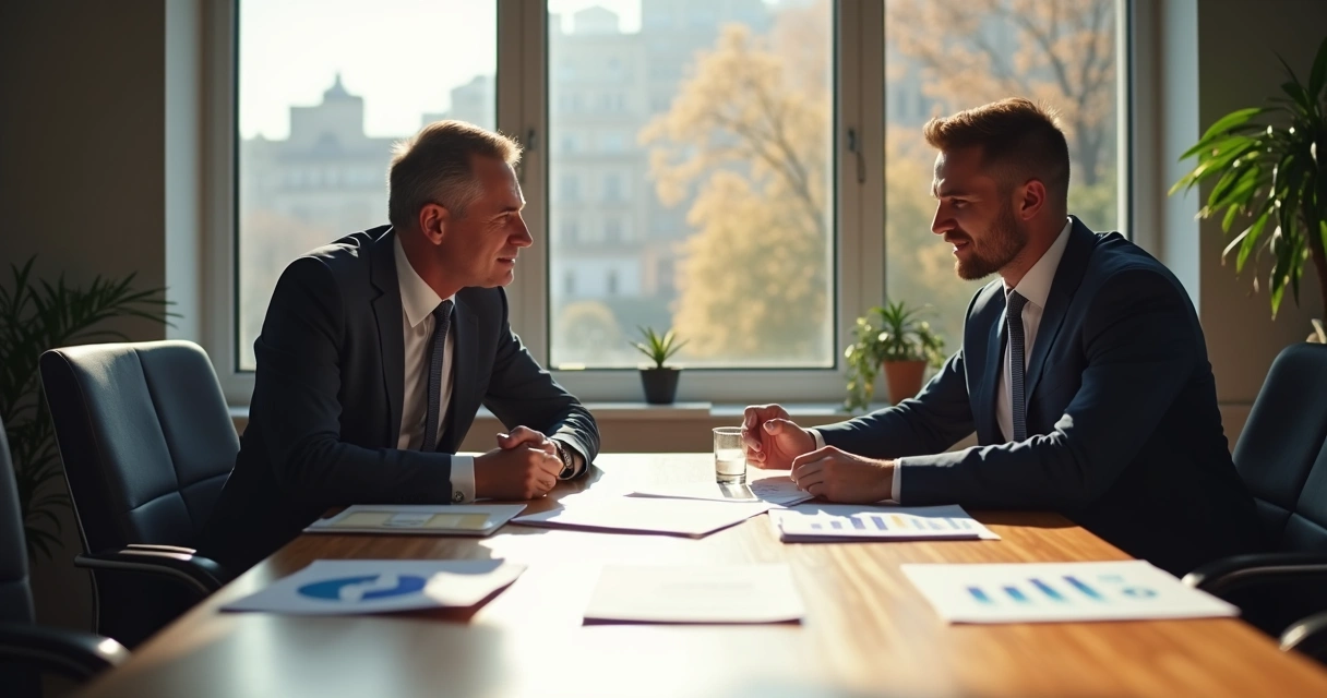 Duas pessoas em uma mesa de negociação analisando contratos e gráficos. 