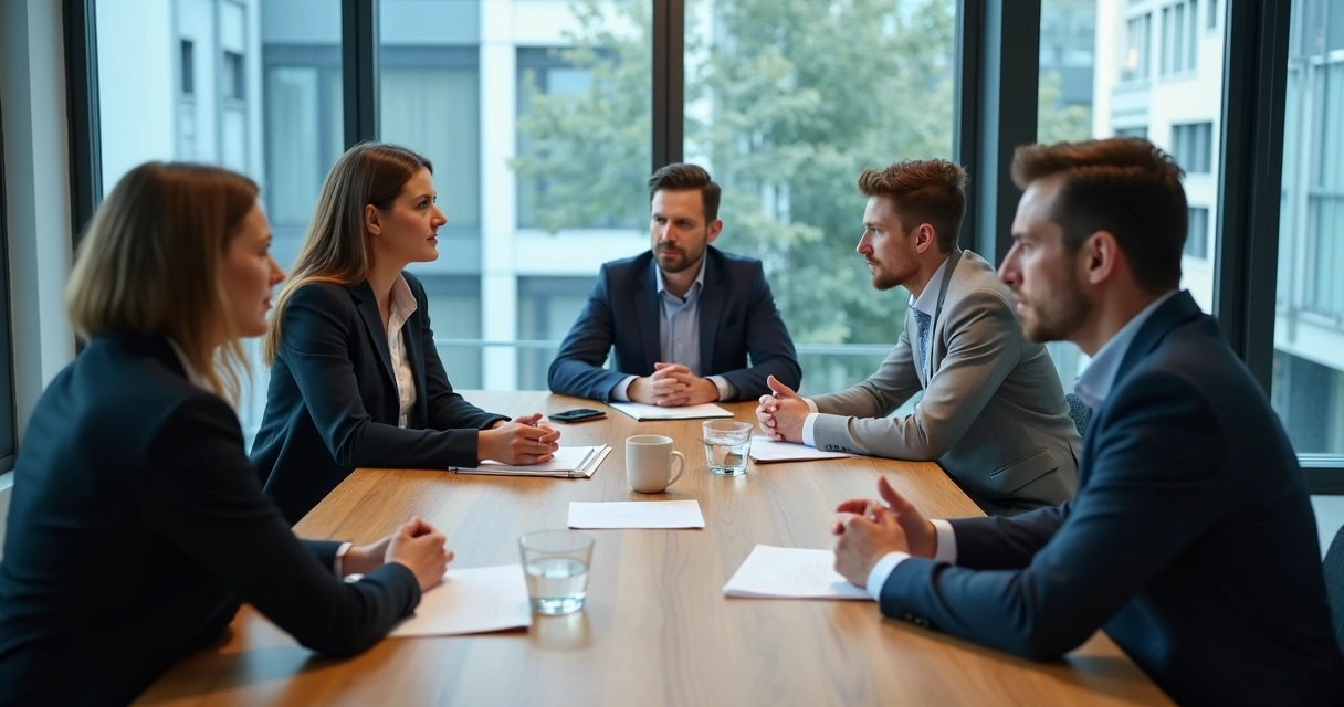 Personas en una mesa de negociación revisando documentos