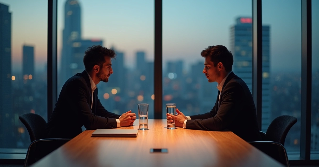 Dos personas en una mesa de reunión compartiendo un momento de silencio previo a una negociación tensa 