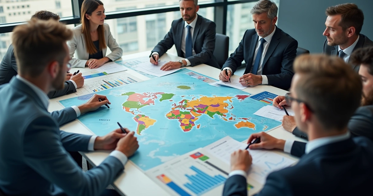 Sala de reunião de negócios internacionais, empresários analisando mapas, planilhas financeiras, gráficos de moedas e bandeiras de vários países