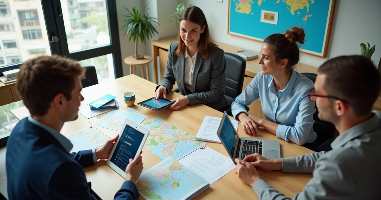 Grupo fechando acordo em mesa de escritório de turismo 