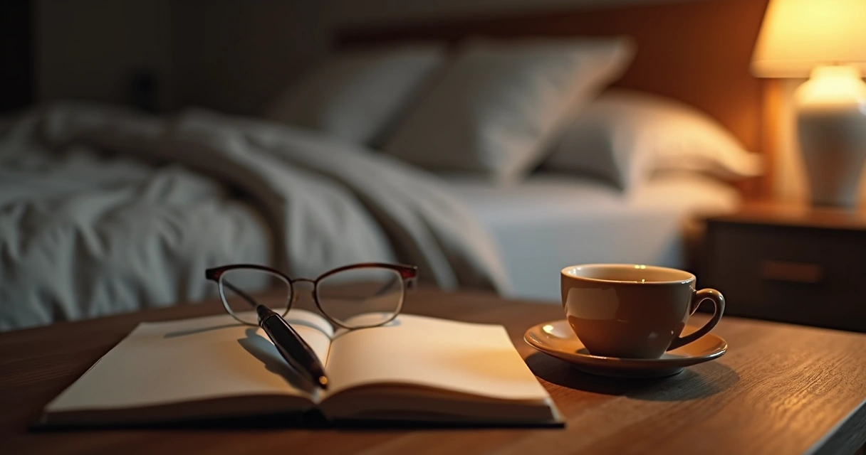 Mesa nocturna con cuaderno, lámpara cálida y taza de té 
