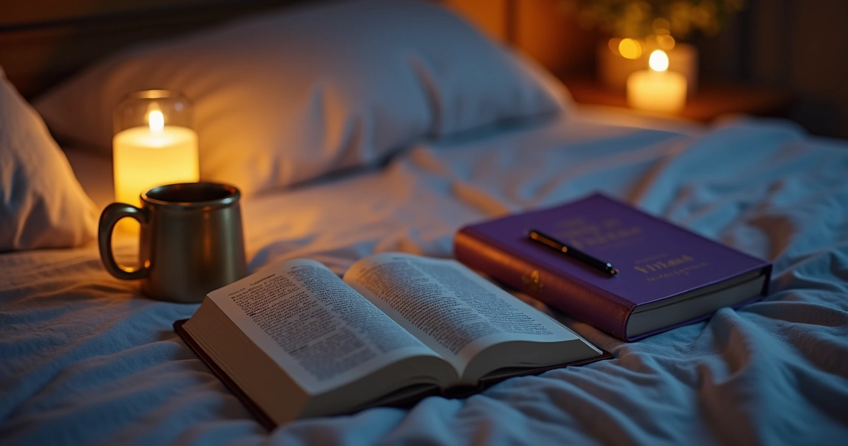 Cabeceira de cama com Bíblia aberta, caderno, caneca dourada e livro Virtuosa 
