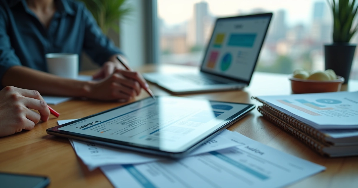 Profissional analisando nota fiscal eletrônica em tablet em mesa de escritório moderna 