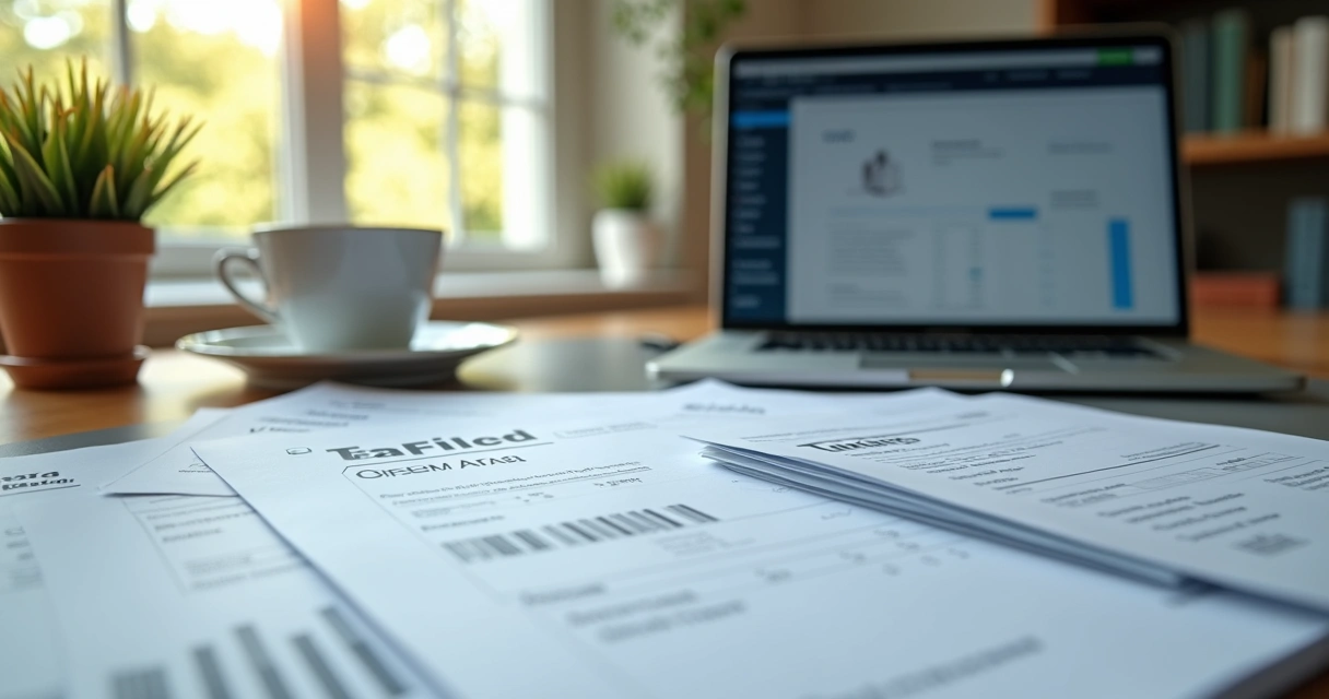 Mesa com documentos de notas fiscais digitais e computador 
