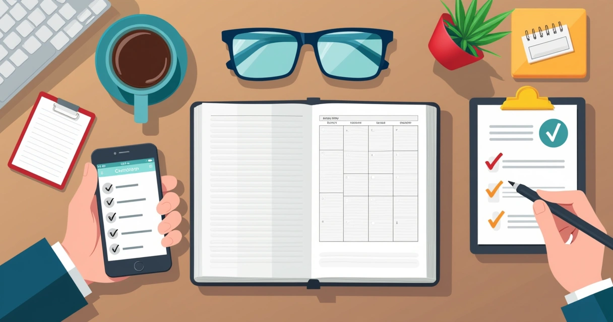 Mesa com notebook, calendário digital aberto, celular com aplicativo de checklist e bloco de anotações ao lado 