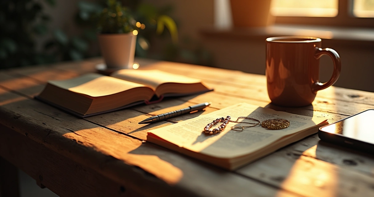 Mesa de madeira com objetos do dia a dia sob luz dourada e suave 