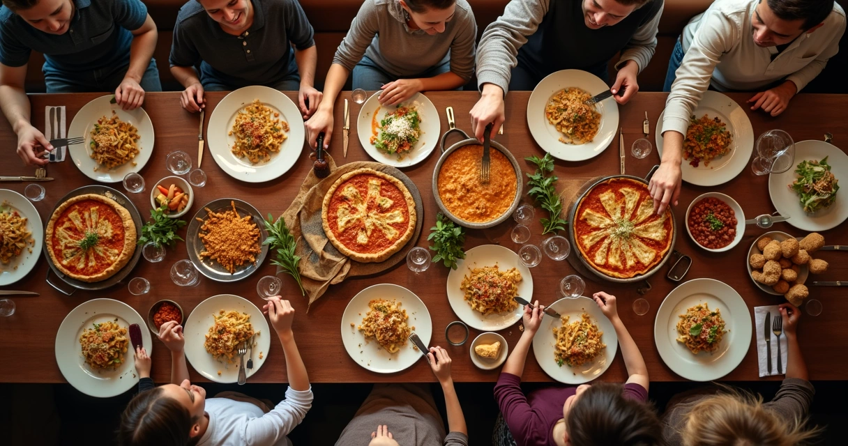 Mesa com pratos italianos, pão, salada e pessoas brindando no restaurante 