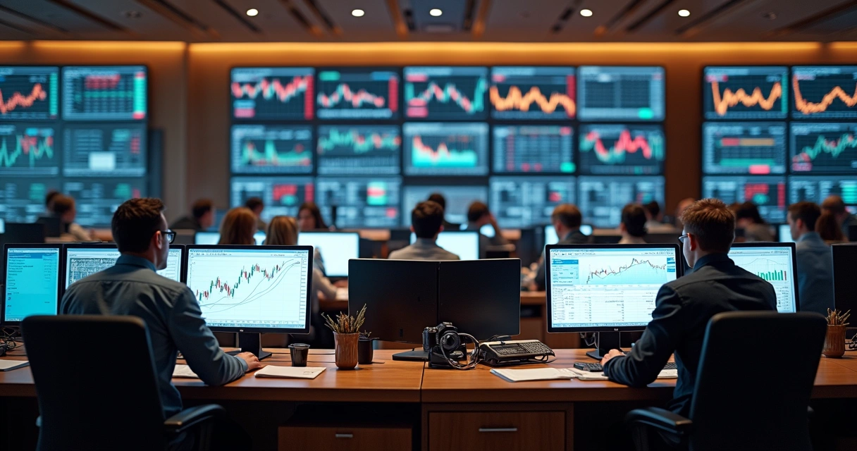 Profissionais em mesa de operações em banco, com múltiplas telas exibindo gráficos financeiros. 