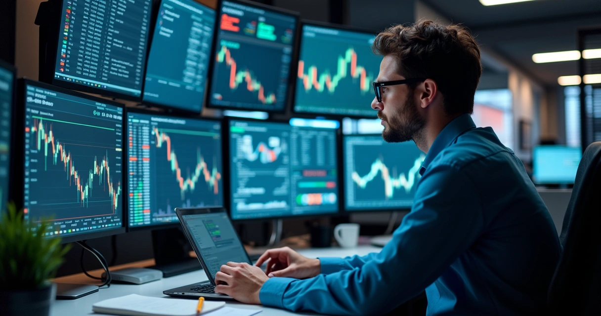 Profissional analisando múltiplos monitores com gráficos cambiais em uma mesa moderna de operações financeiras
