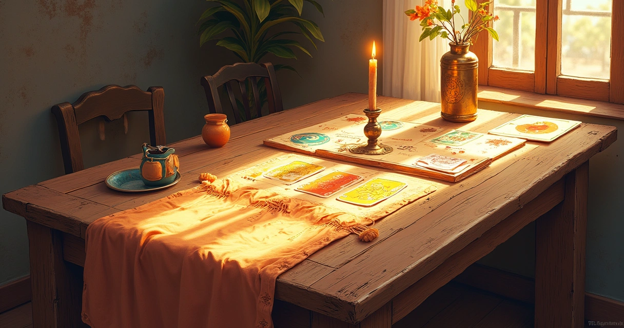 Ilustração de mesa com cartas de tarô, runas e búzios, iluminada pela luz do pôr do sol.