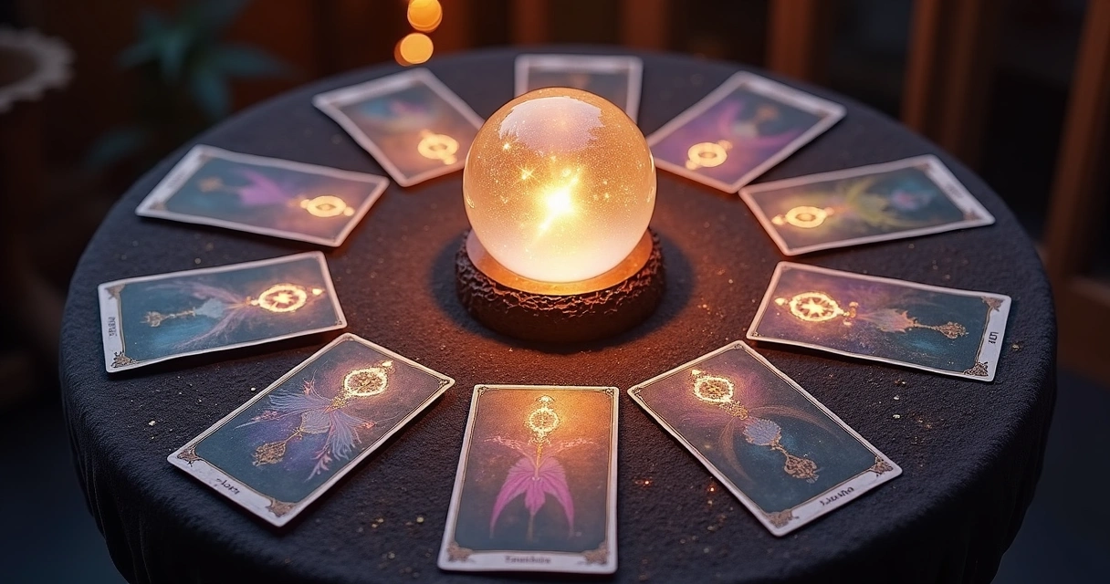 Mesa radiônica com cartas de tarô e cristais 