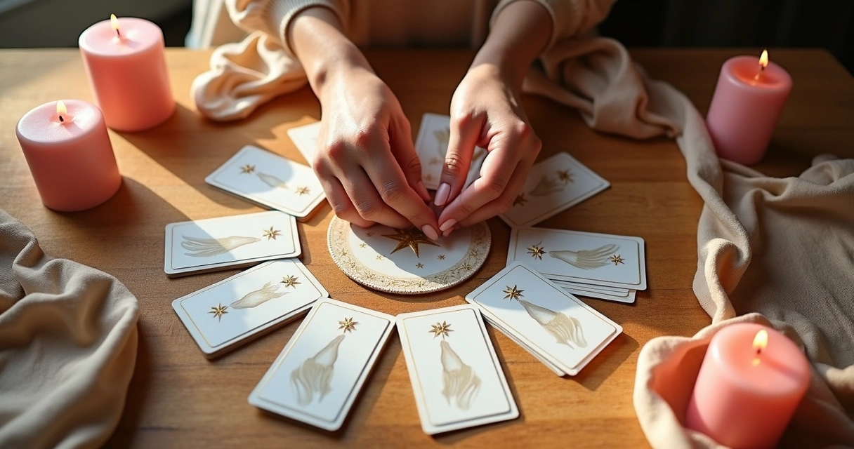 Mesa com cartas de oráculo dos anjos, mãos femininas embaralhando e velas ao redor 