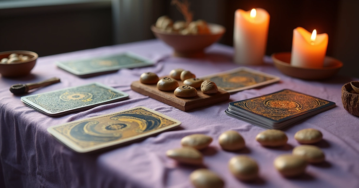 Mesa com cartas de Tarot, runas e búzios dispostos lado a lado 