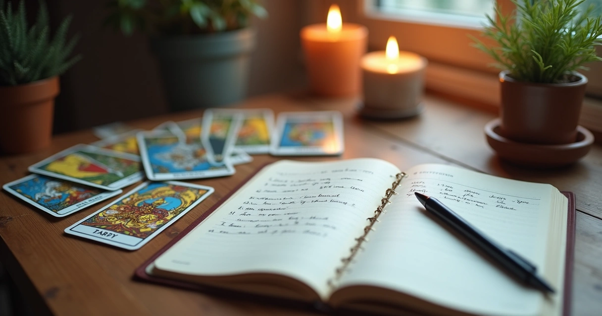 Mesa com cartas de tarot e agenda semanal aberta 