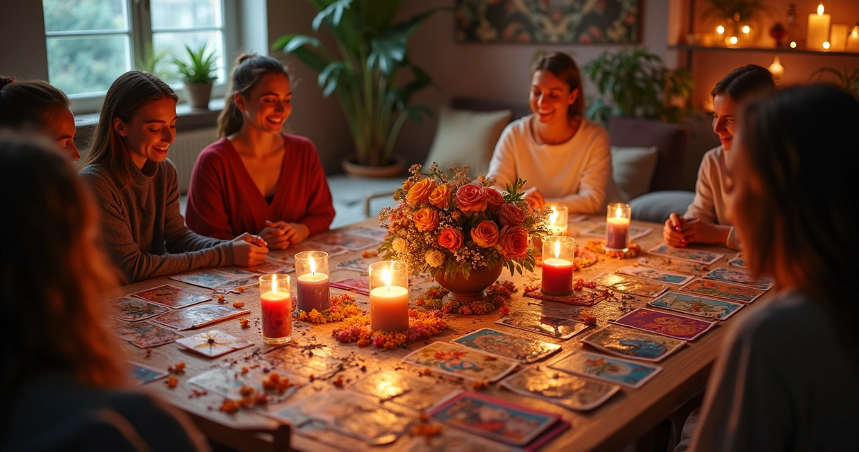 Mesa decorada com velas, cartas de tarot e incensos em ambiente de festa 