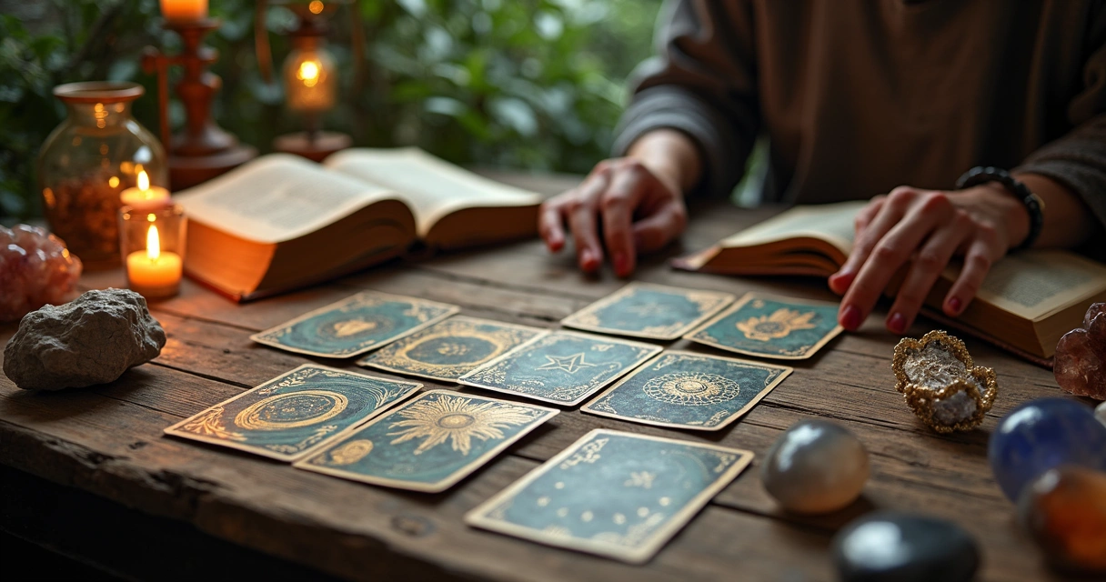 Mesa com oráculos, livros e cristais organizados 