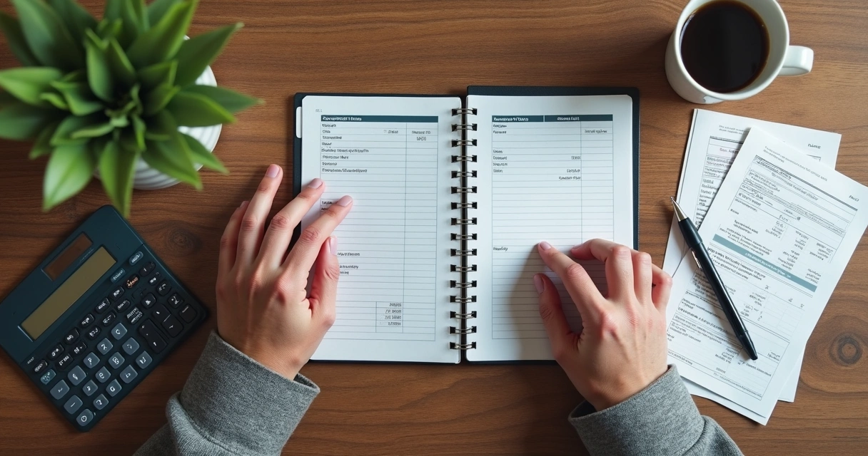 Caderno de orçamento, calculadora e mãos apoiadas sobre a mesa 