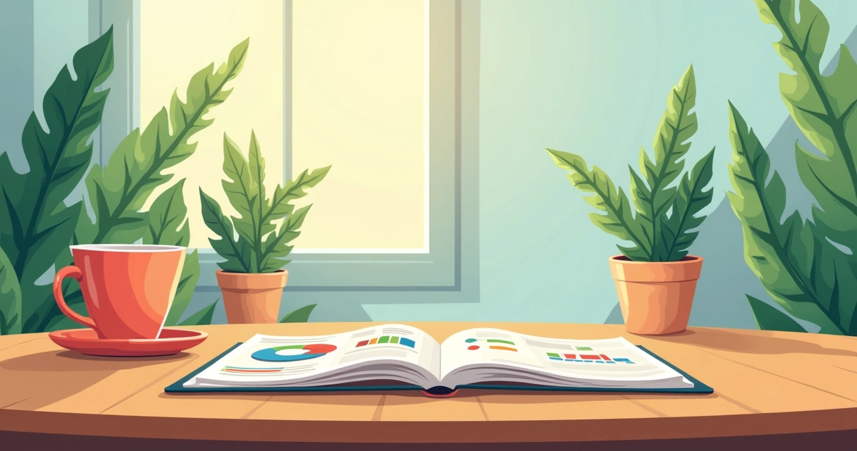 Ilustração de um caderno com anotações de orçamento, xícara de café e uma janela iluminando o ambiente.