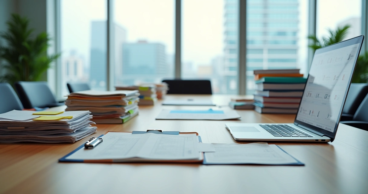 Mesa de escritório com documentos organizados e caixas de arquivo rotuladas 