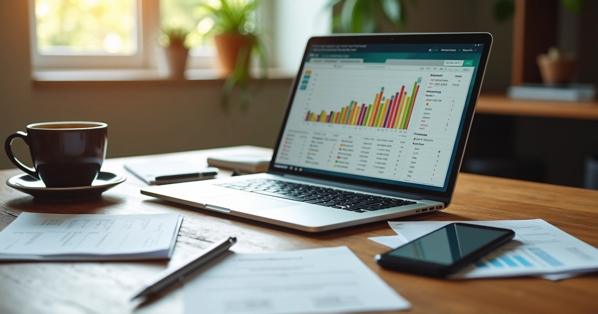 Mesa com planilha de orçamento, caneca de café e contas empilhadas