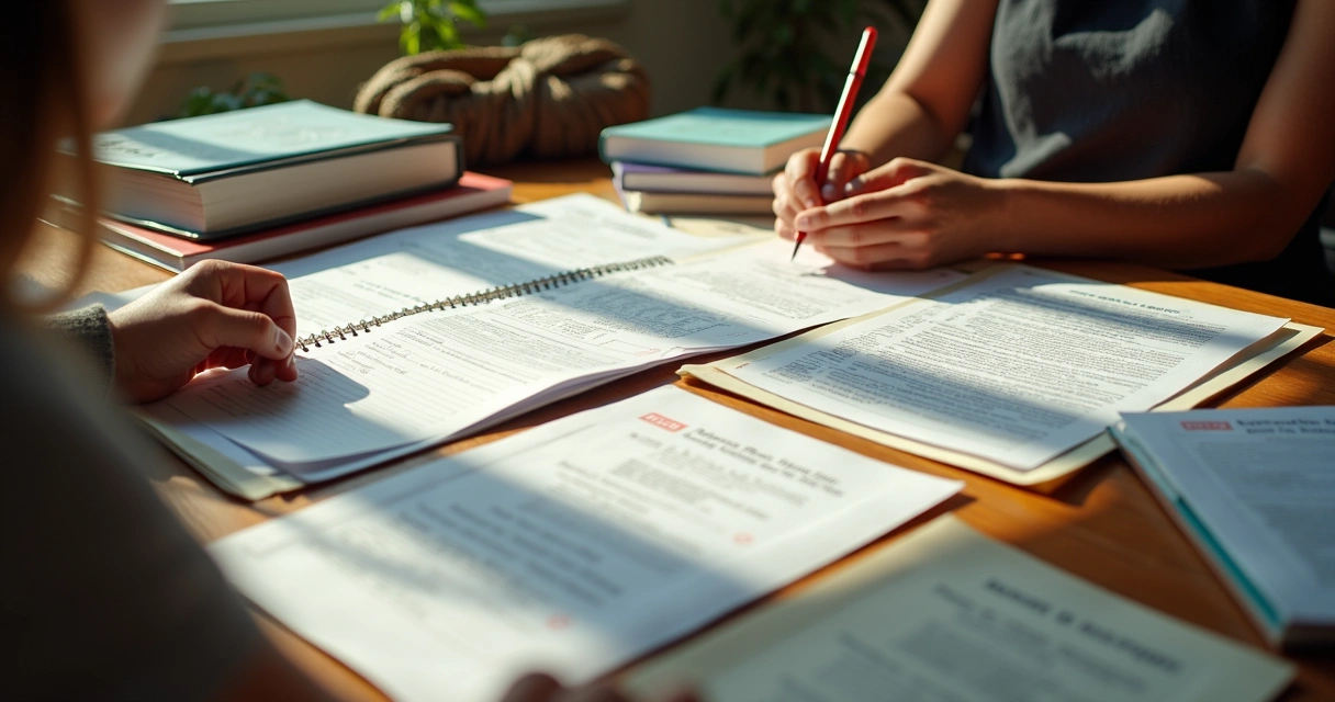 Documentos, fotos e certificados espalhados em mesa para montar portfólio 