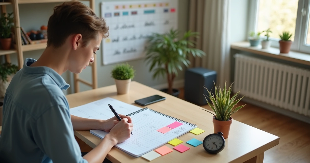 Adulto com TDAH organizando tarefas com agenda e post-its coloridos sobre mesa minimalista 