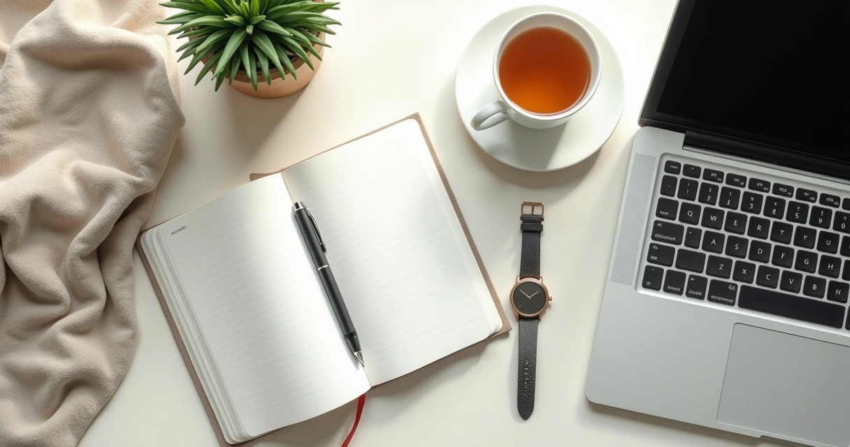 Mesa limpa com caderno, relógio e xícara ao lado de um notebook