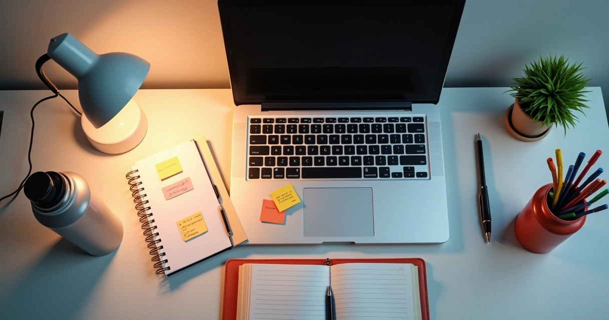 Mesa de estudos organizada com notebook, caderno e luz suave 