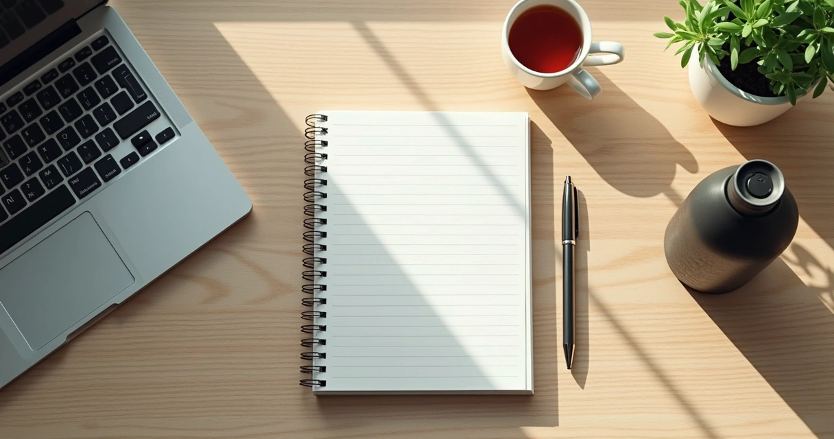 Mesa organizada com caderno, chá e luz natural