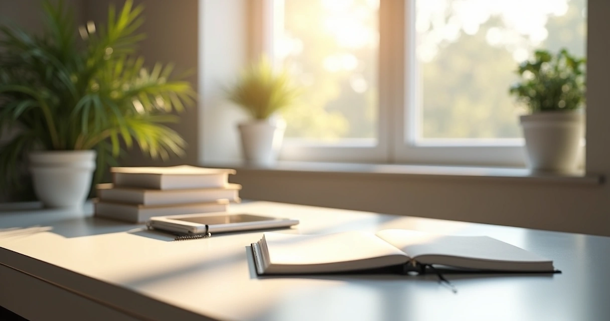 Mesa de trabalho com livros organizados e luz natural entrando pela janela 