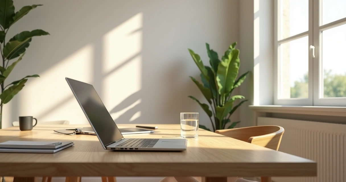 Mesa organizada com luz natural ao lado da janela