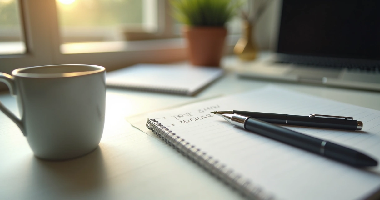 Mesa de trabalho arrumada com caderno, caneta, planta e xícara de café 