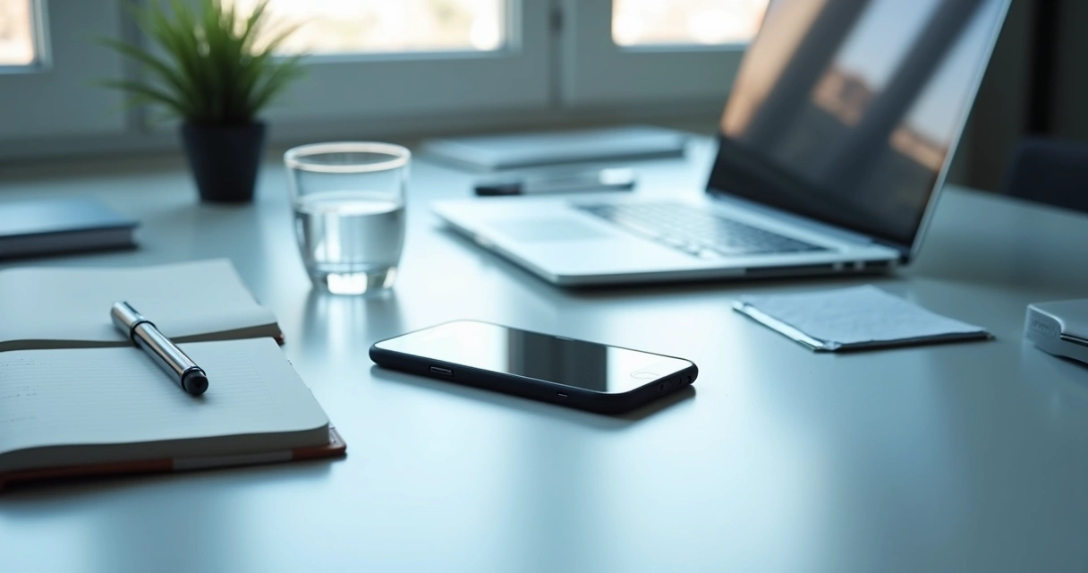 Mesa de trabalho organizada com celular virado para baixo 