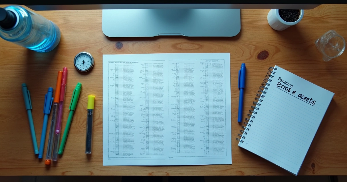 Mesa com materiais de estudo organizados para simulado 