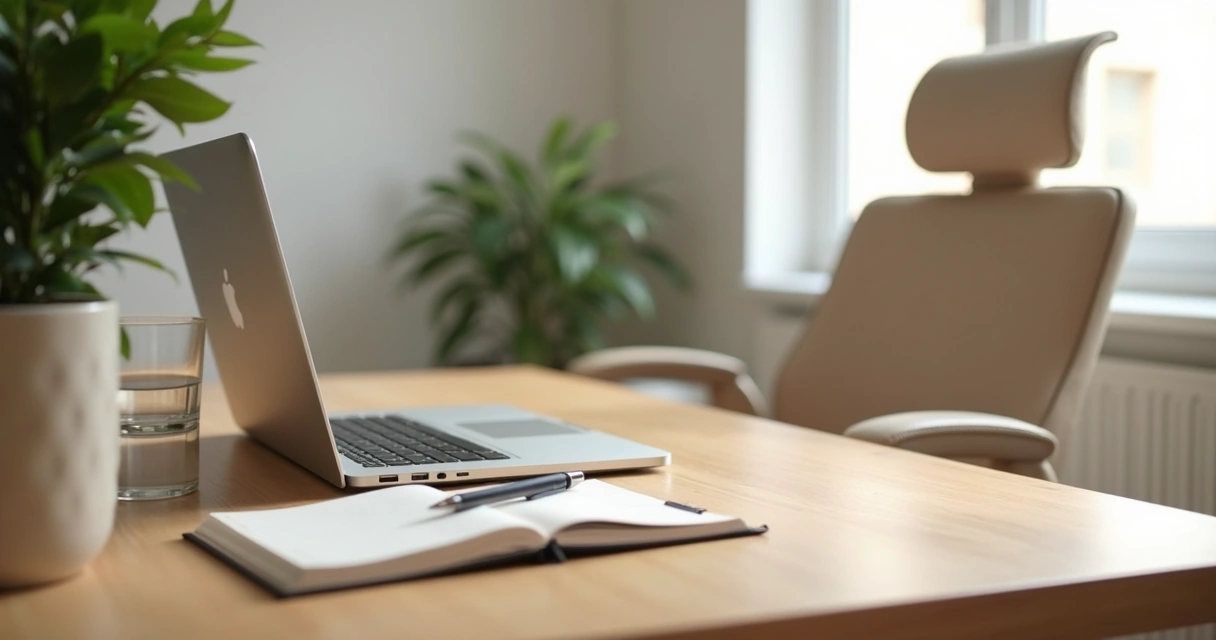 Mesa de trabalho em casa organizada com laptop, caderno e planta