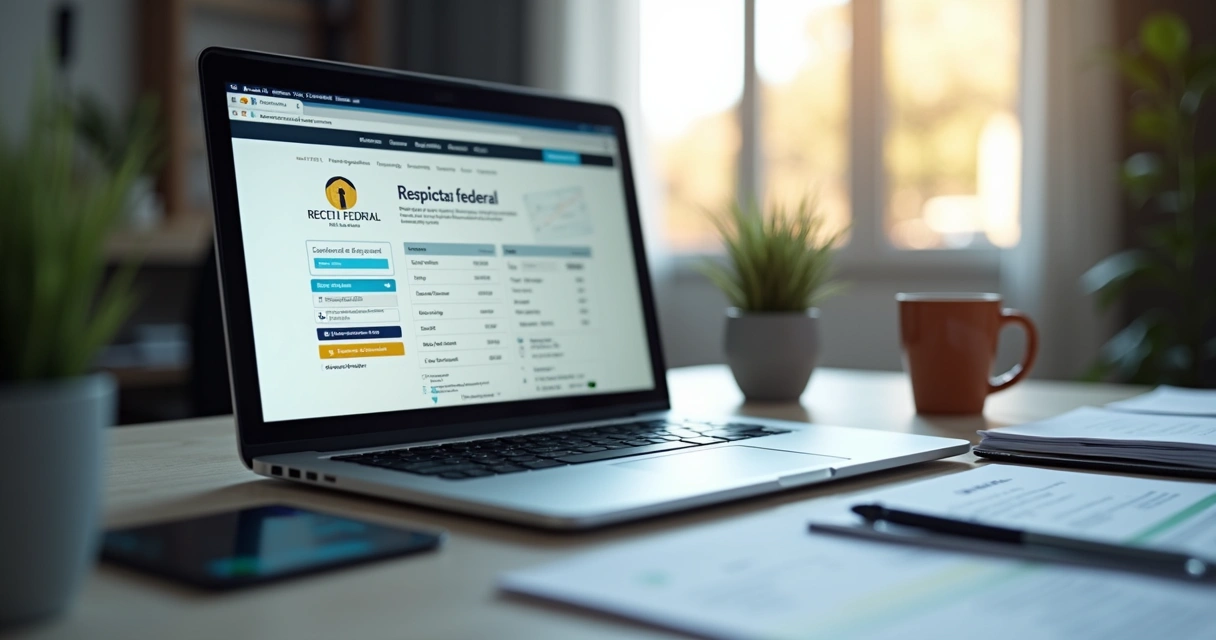 Notebook em mesa exibindo site Receita Federal com cartão ao lado 