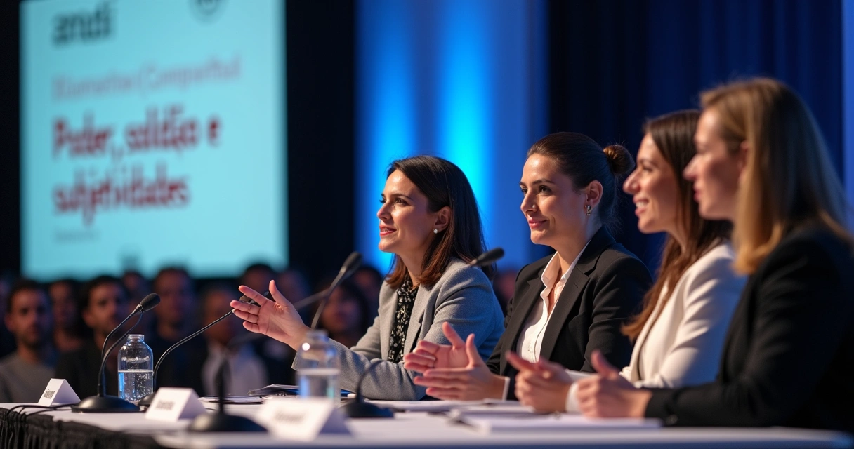 Três mulheres líderes sentadas à mesa debatendo em painel 