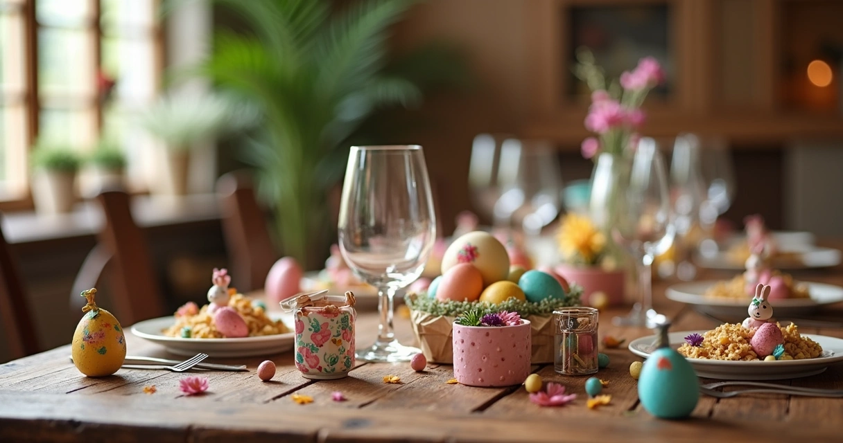 Mesa decorada com ovos de Páscoa e presentes de chocolate 