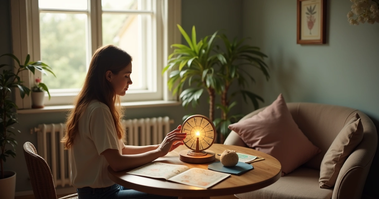 Pessoa consultando mesa radiônica em ambiente tranquilo 