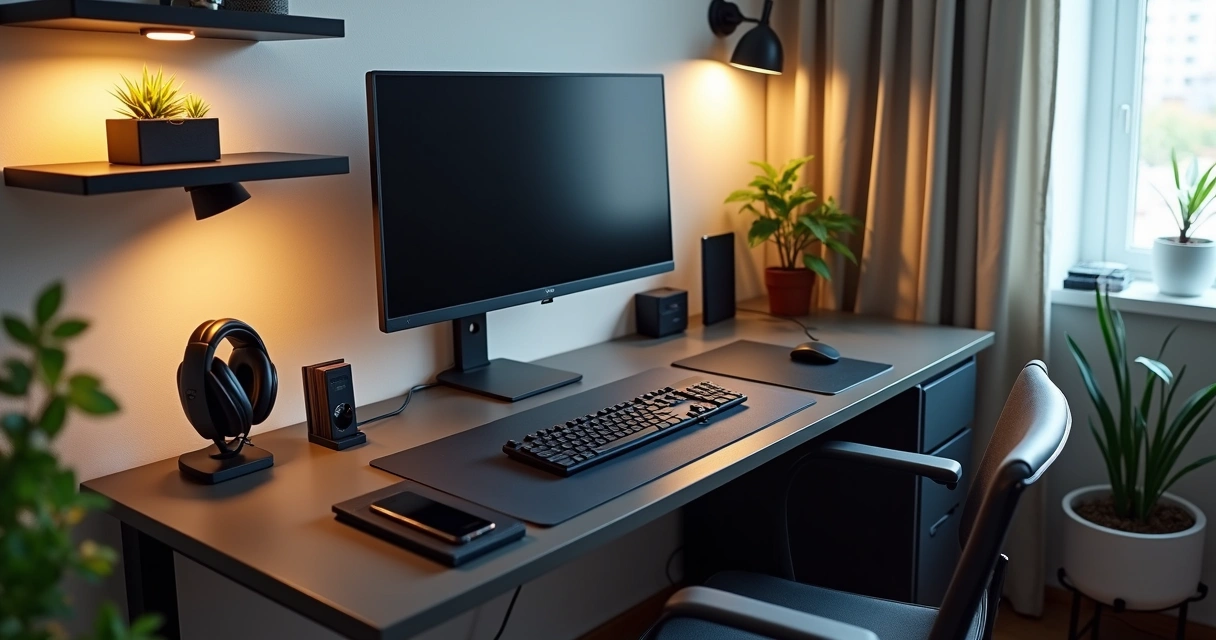 Mesa pequena com computador, suportes e acessórios organizados 